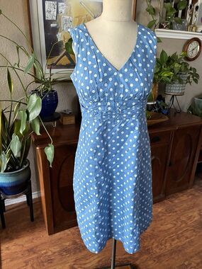 BODEN Riviera Blue & White Polka Dot Cotton Dress Size US 8 Coastal Nautical